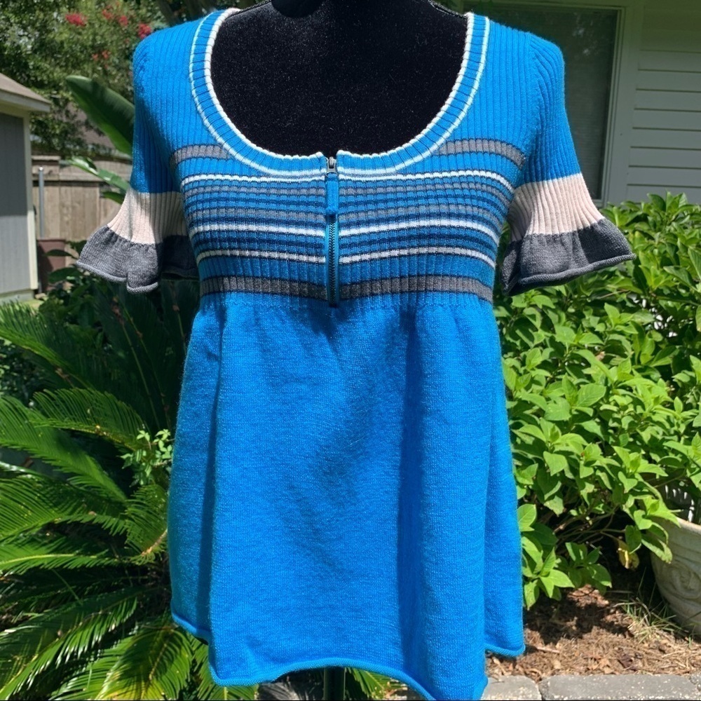 FREE PEOPLE babydoll scoop neck front zip wool short sleeved striped sweater